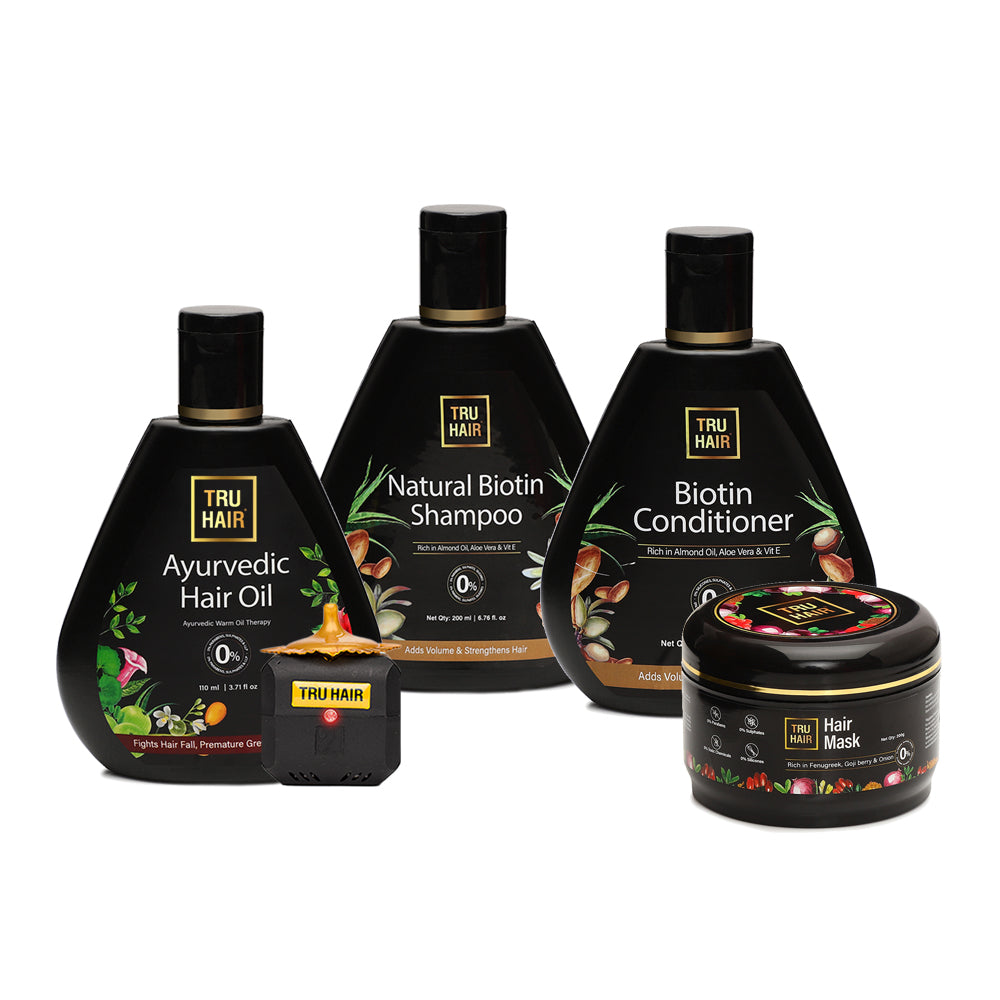 Tru Hair Ayurvedic Hair Oil Refill pack + Biotin Shampoo & Conditioner + Hair Mask | For Hair Fall, Dandruff, Pre Mature Greying, Hair Growth & Shiny Voluminous Hair | TRU HAIR Combo