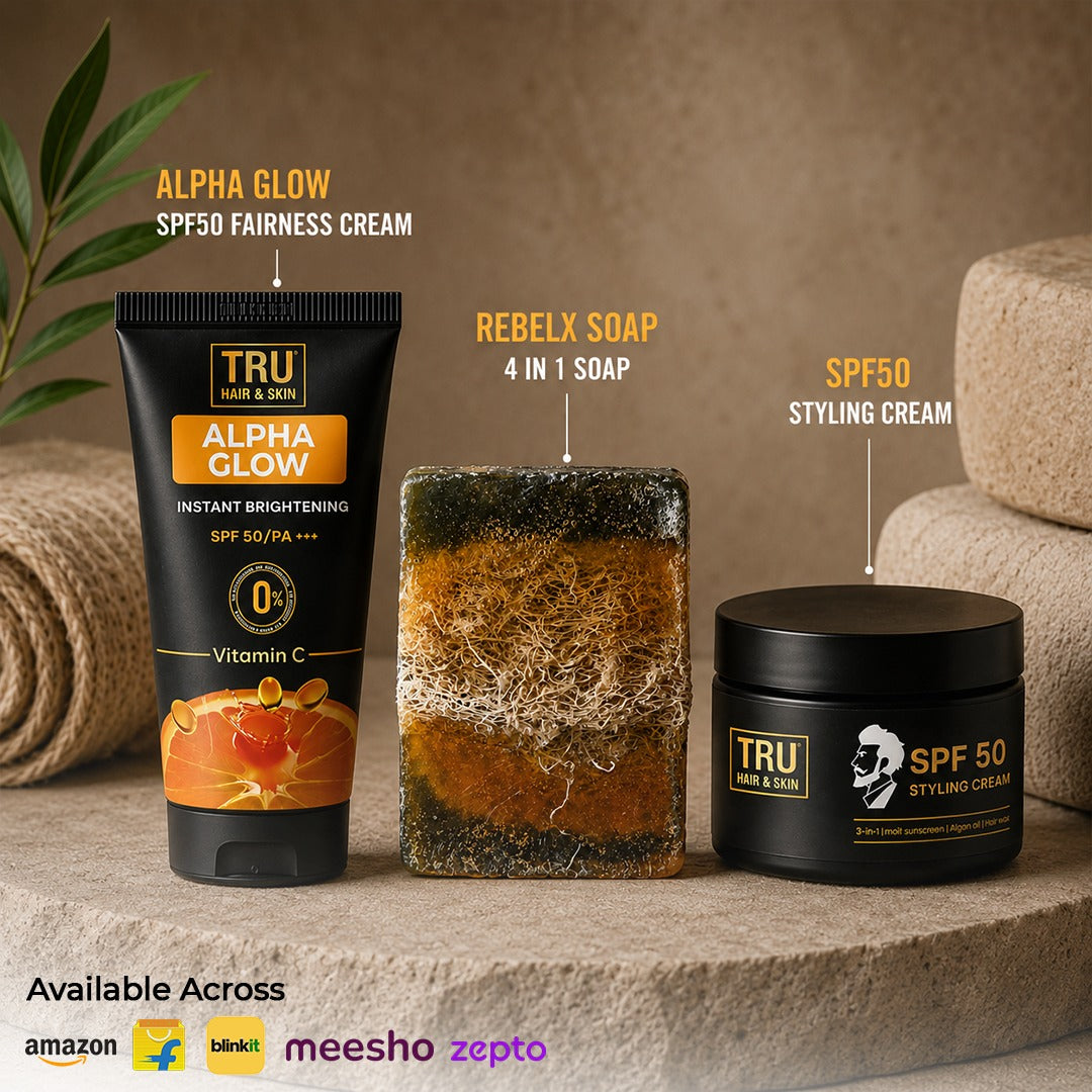 Detan Combo - Rebelx soap with natural Loofah + SPF 50 Styling Hair Cream + Alpha Glow Instant Brightening Cream
