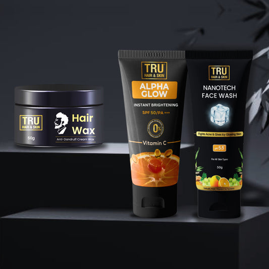 Grooming Combo - Nanotechnology Facewash-50ml + Alpha Glow Instant Brightening Cream-25ml + FREE Hair Wax Cream-50gm