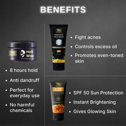 Grooming Combo - Nanotechnology Facewash-50ml + Alpha Glow Instant Brightening Cream-25ml + FREE Hair Wax Cream-50gm