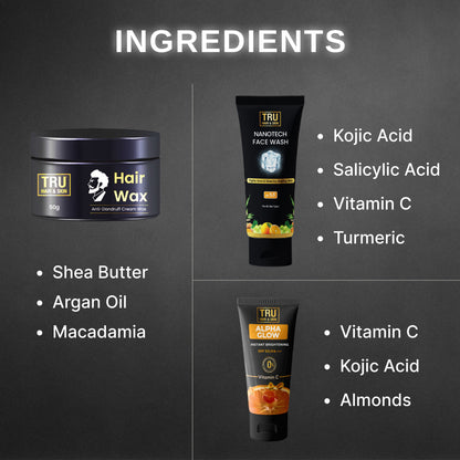 Grooming Combo - Nanotechnology Facewash-50ml + Alpha Glow Instant Brightening Cream-25ml + FREE Hair Wax Cream-50gm