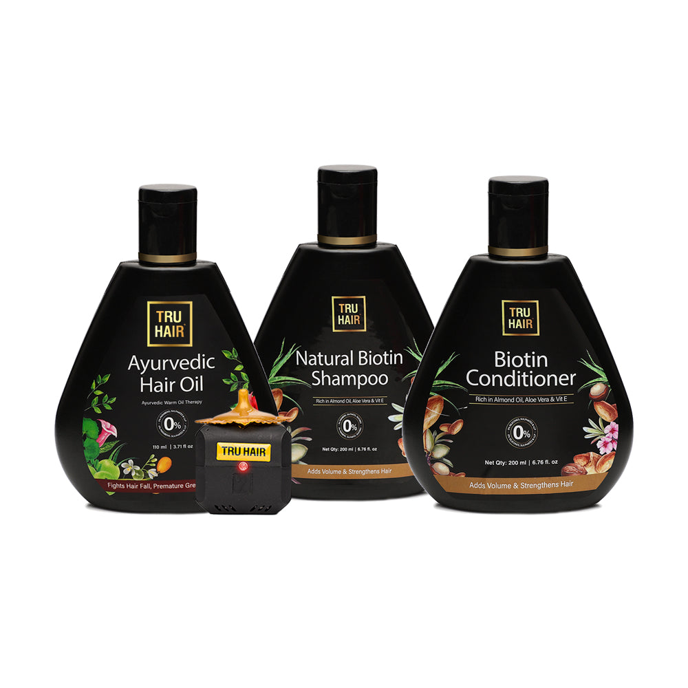 Tru Hair Ayurvedic Hair Oil with Free Heater (110 ML) + Biotin Shampoo & Conditioner | For Dandruff, Pre Mature Greying, Hair Growth & Shiny Voluminous Hair