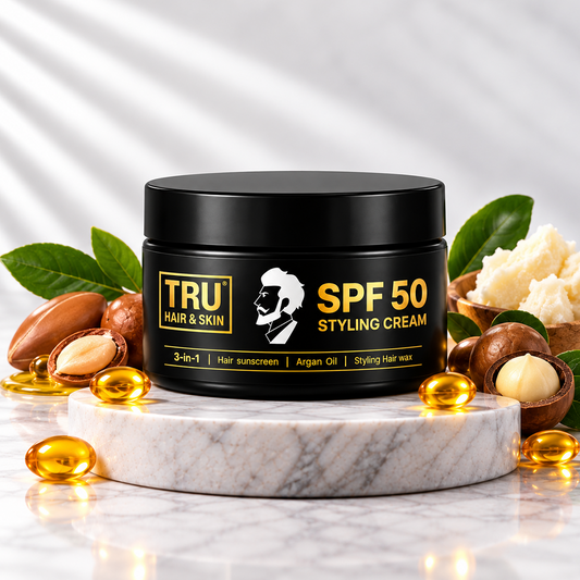 SPF 50 Hair Cream for men: 3-in-1 | Hair sunscreen + Argan Oil +  Styling Hair wax | 100gm
