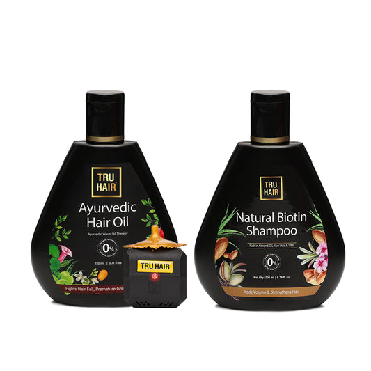 Tru Hair Ayurvedic Hair Oil with Free Heater (110 ML) + Biotin Shampoo (200 ML) | For Hair Fall, Dandruff, Split Ends, Hair Growth