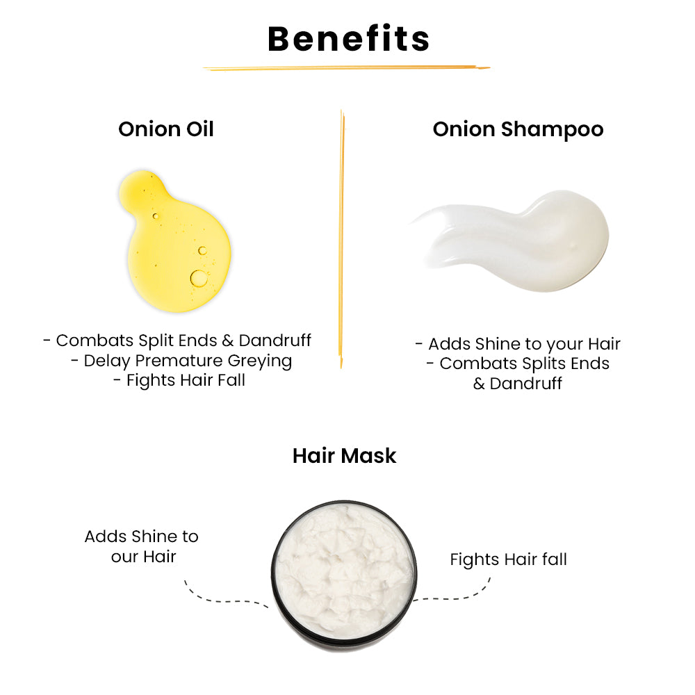 Onion Oil with Heater-50ml+ Onion Shampoo-50ml+ Hair Mask-200gms