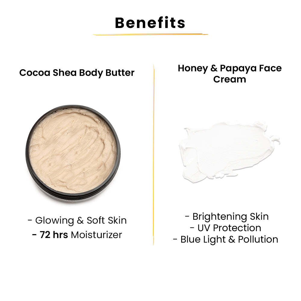 Cocoa Shea Body Butter with Heater-100gms+Honey Papaya Face Cream-50gms+Kumkumadi Serum-15ml+Detan Face Pack-100gms