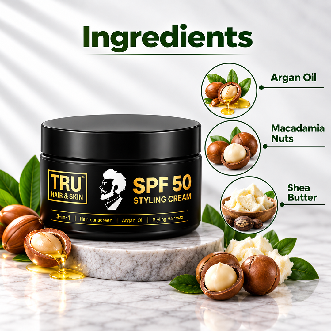 SPF 50 Hair Cream for men: 3-in-1 | Hair sunscreen + Argan Oil +  Styling Hair wax | 100gm