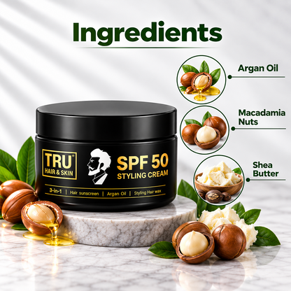 SPF 50 Hair Cream for men: 3-in-1 | Hair sunscreen + Argan Oil +  Styling Hair wax | 100gm