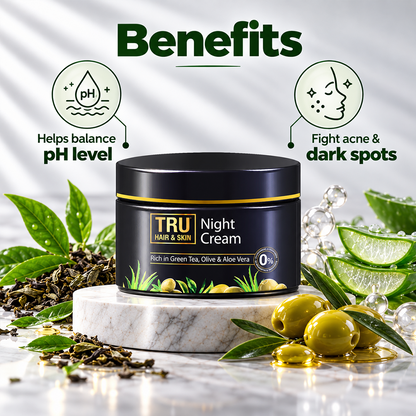 Night Cream With Green Tea, Niacinamide & Olive | Fights Acne & Hyperpigmentation- 45gm