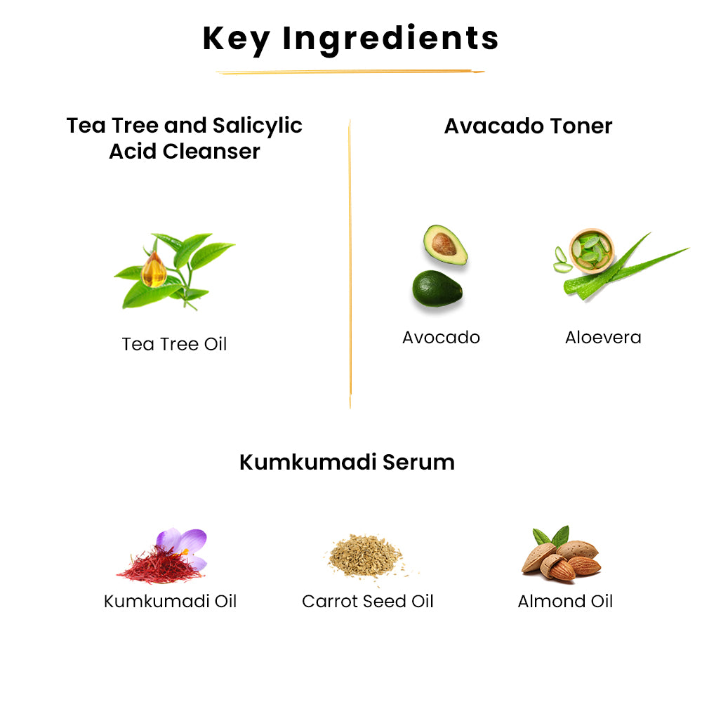 Kumkumadi serum-25ml+tea Tree Cleanser-100ml+Avocado Toner-100ml