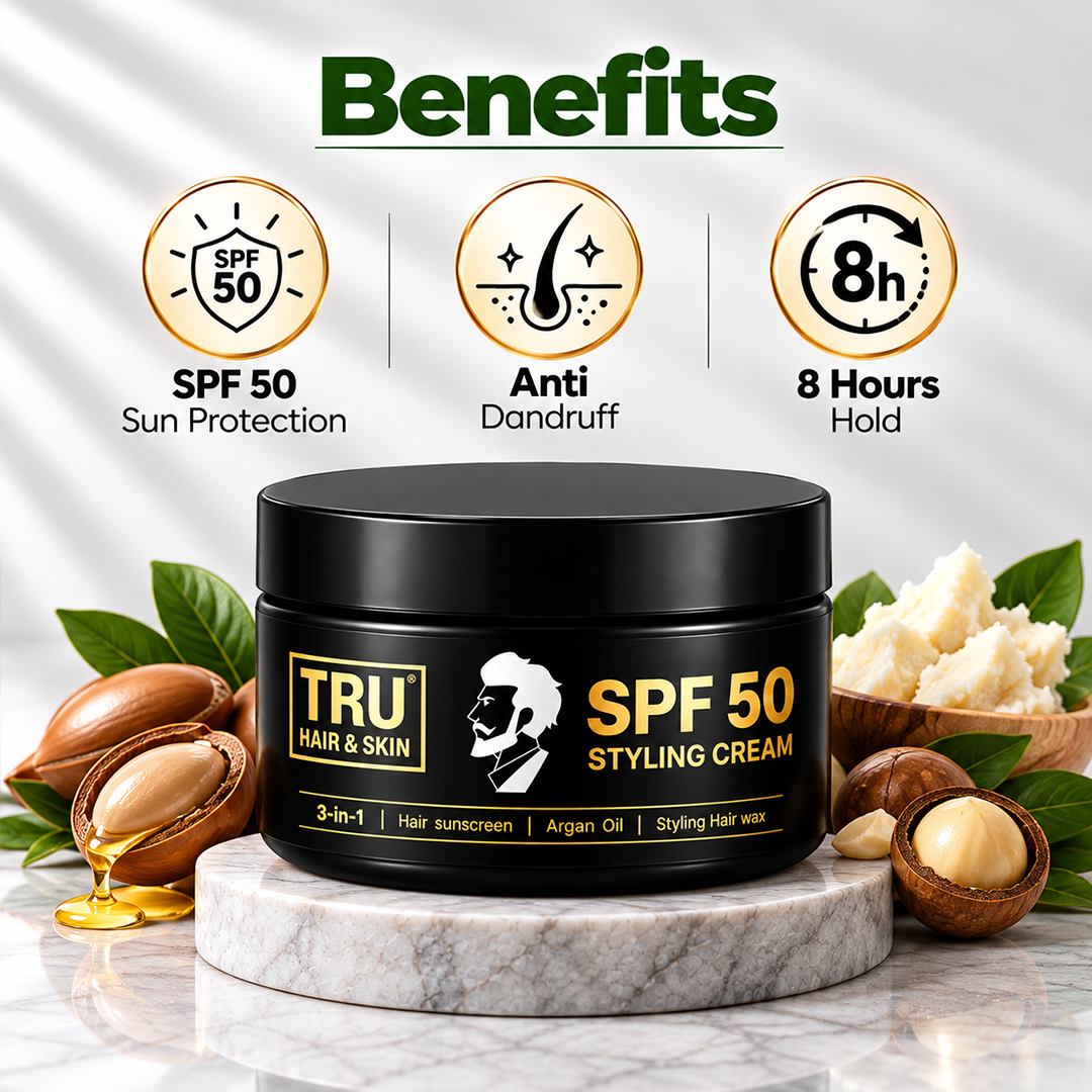SPF 50 Hair Cream for men: 3-in-1 | Hair sunscreen + Argan Oil +  Styling Hair wax | 100gm