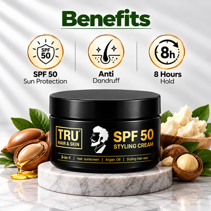 SPF 50 Hair Cream for men: 3-in-1 | Hair sunscreen + Argan Oil +  Styling Hair wax | 100gm