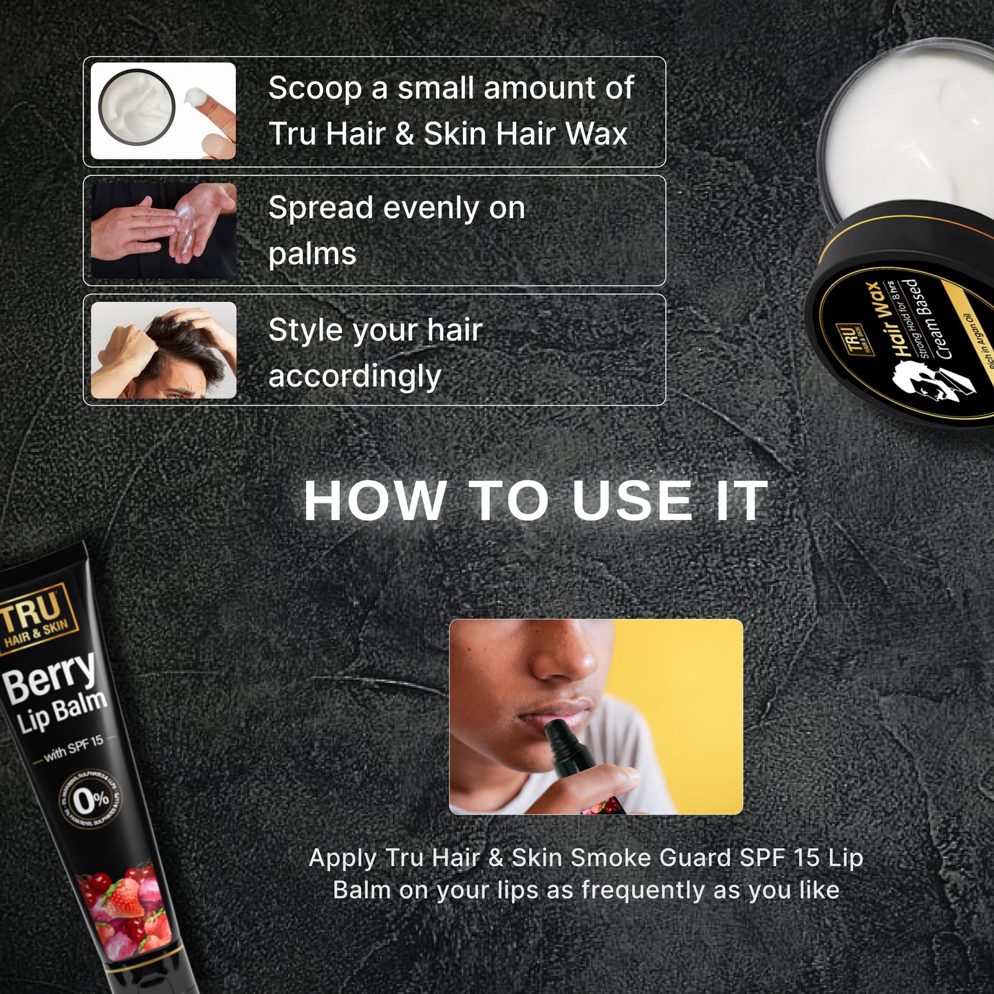 Smoke guard lip balm 10gm + Nanotech Facewash 50ml + Alpha glow 25ml + Hair wax 50gm