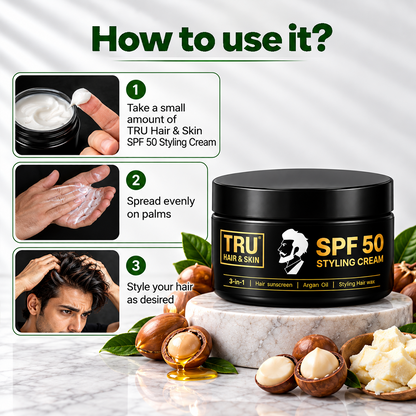 SPF 50 Hair Cream for men: 3-in-1 | Hair sunscreen + Argan Oil +  Styling Hair wax | 100gm