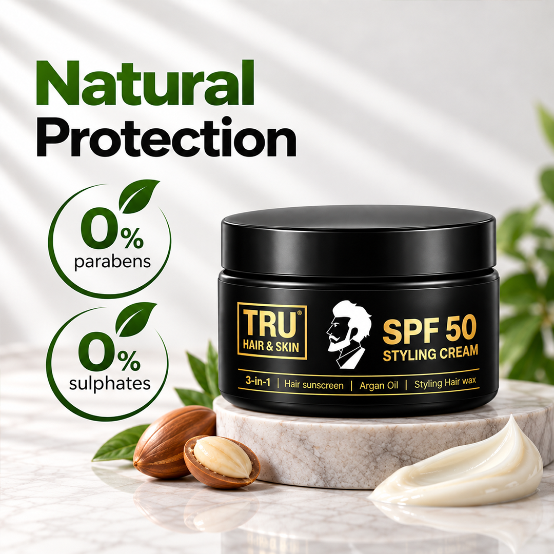 SPF 50 Hair Cream for men: 3-in-1 | Hair sunscreen + Argan Oil +  Styling Hair wax | 100gm