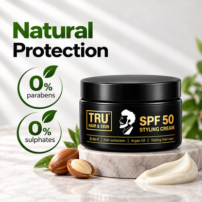 SPF 50 Hair Cream for men: 3-in-1 | Hair sunscreen + Argan Oil +  Styling Hair wax | 100gm