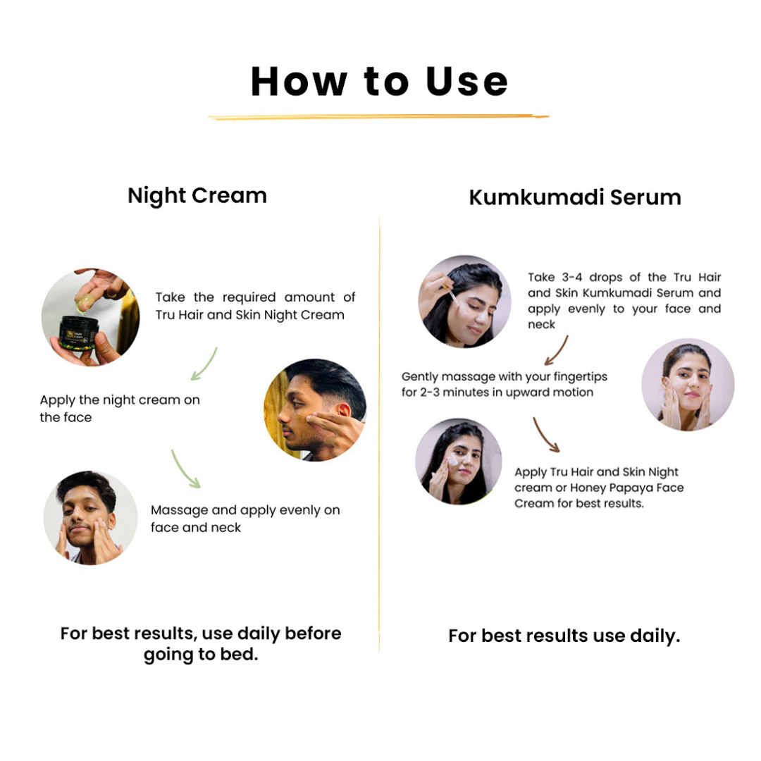 Night Cream-45gms + Kumkumadi Serum-15ml + Tea Tree Face wash-100ml+Hair Wax-50gm