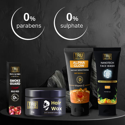 Smoke guard lip balm 10gm + Nanotech Facewash 50ml + Alpha glow 25ml + Hair wax 50gm