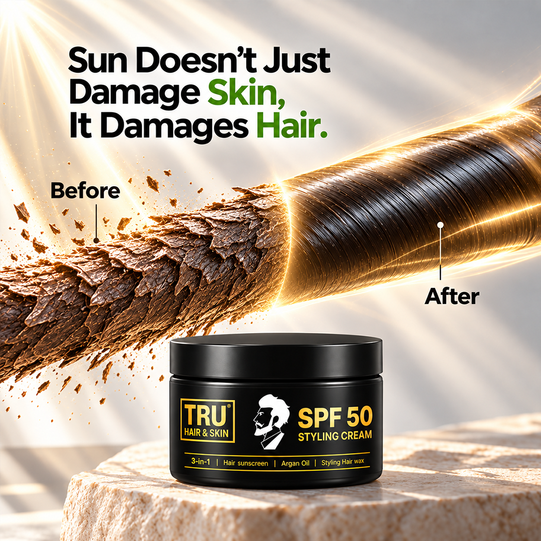 SPF 50 Hair Cream for men: 3-in-1 | Hair sunscreen + Argan Oil +  Styling Hair wax | 100gm
