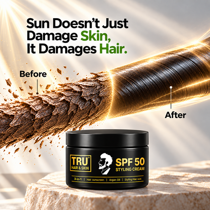 SPF 50 Hair Cream for men: 3-in-1 | Hair sunscreen + Argan Oil +  Styling Hair wax | 100gm