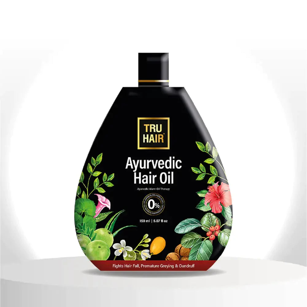 Tru Hair Ayurvedic Hair Oil Refill pack + Biotin Shampoo & Conditioner | For Dandruff, Pre Mature Greying, Hair Growth & Shiny Voluminous Hair