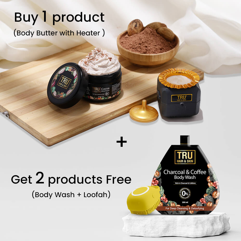 Cocoa & Shea Body butter With Free Heater + Charcoal And Coffee Body Wash + Loofah