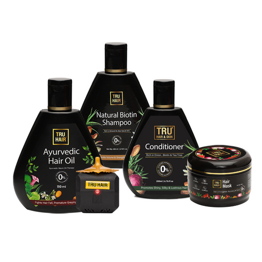 Tru Hair Ayurvedic Hair Oil with Free Heater (110 ml) + Biotin Shampoo & Conditioner + Hair Mask | For Hair Fall, Dandruff, Pre Mature Greying, Hair Growth & Shiny Voluminous Hair | TRU HAIR Combo