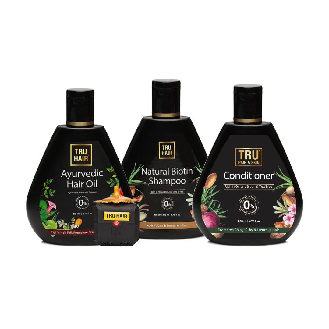 Tru Hair Ayurvedic Hair Oil with Free Heater (110 ML) + Biotin Shampoo & Conditioner | For Dandruff, Pre Mature Greying, Hair Growth & Shiny Voluminous Hair