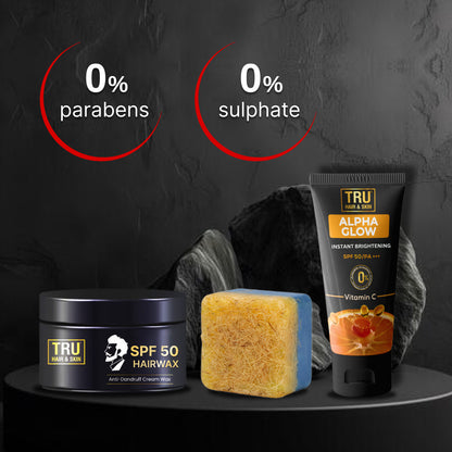 TRU HAIR & SKIN RebelX 2-in-1 Ice Blast Scrub (Natural Loofah) + SPF Hair Wax + Alphaglow Sunscreen | Detan Grooming Combo for Men | Scrub 100g, Hair Wax 50g, Alphaglow 25ml|-DOTD