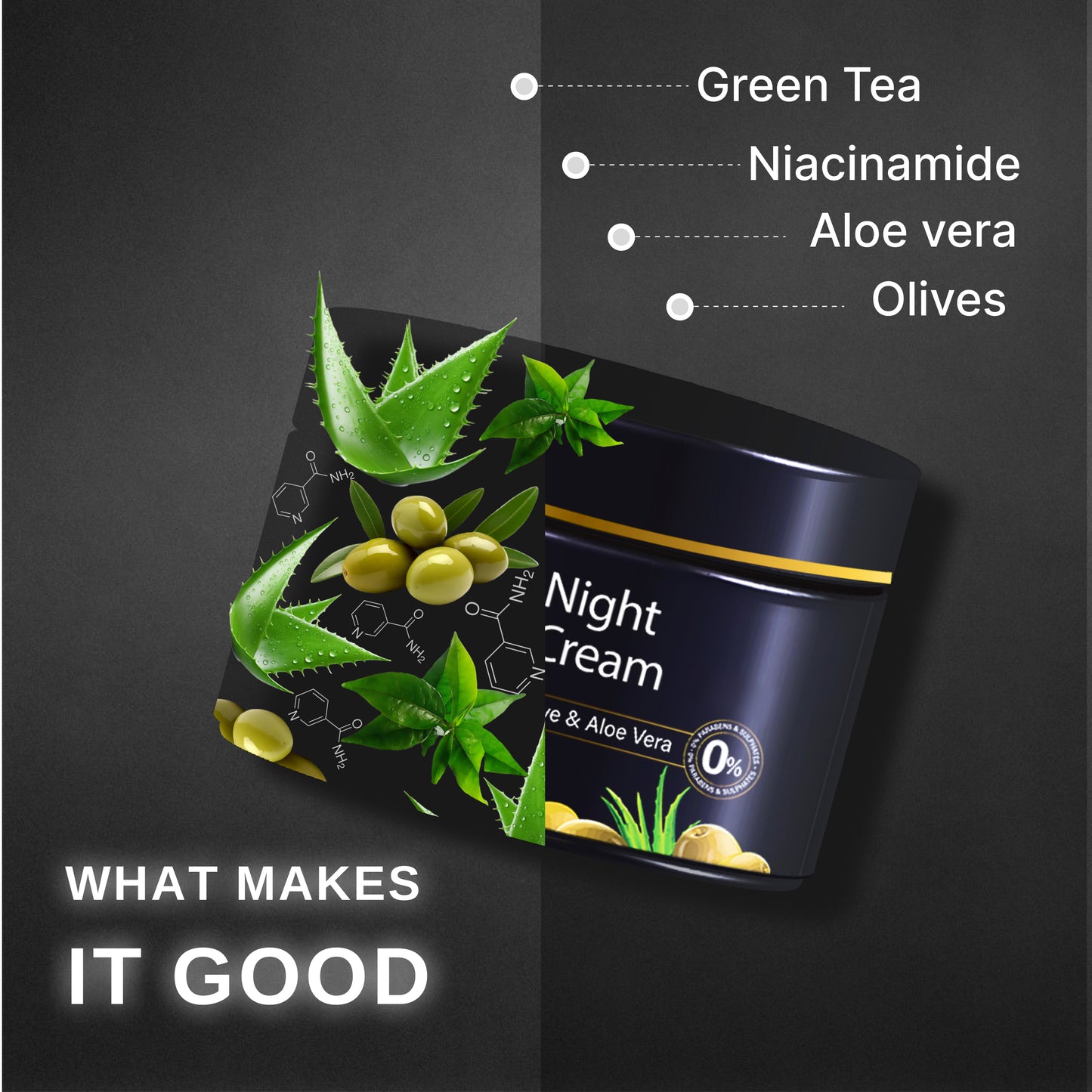 Night Cream With Green Tea, Niacinamide & Olive | Fights Acne & Hyperpigmentation- 45gm