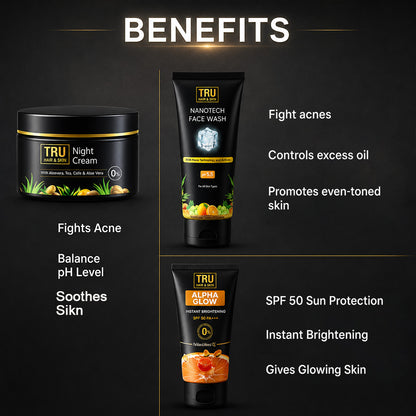 Acne Combo - Night cream- 45gm + Nanotech Face Wash- 50ml + Alpha Glow SPF 50- 25ml