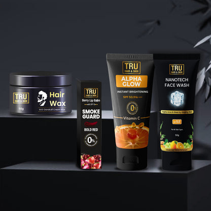 Smoke guard lip balm 9gm + Nanotech Facewash 50ml + Alpha glow 25ml + Hair wax 50gm