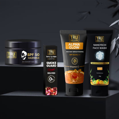 Smoke guard lip balm 9gm + Nanotech Facewash 50ml + Alpha glow 25ml + SPF Hair wax 50gm