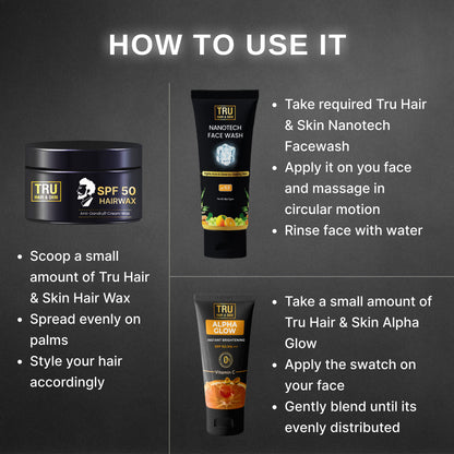 Grooming Combo - Nanotechnology Facewash-50ml + Alpha Glow Instant Brightening Cream-25ml + FREE SPF Hair Wax Cream-50gm